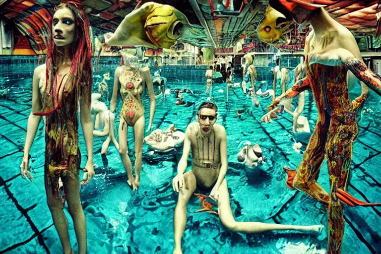 Image similar to 35mm color lomography, last photo, portrait, fashion shoot, weird, random, strange, spooky, hyperdetailed, photorealistic, high fashion, interesting, swimming pool, david cronenberg, by Jacek Yerka