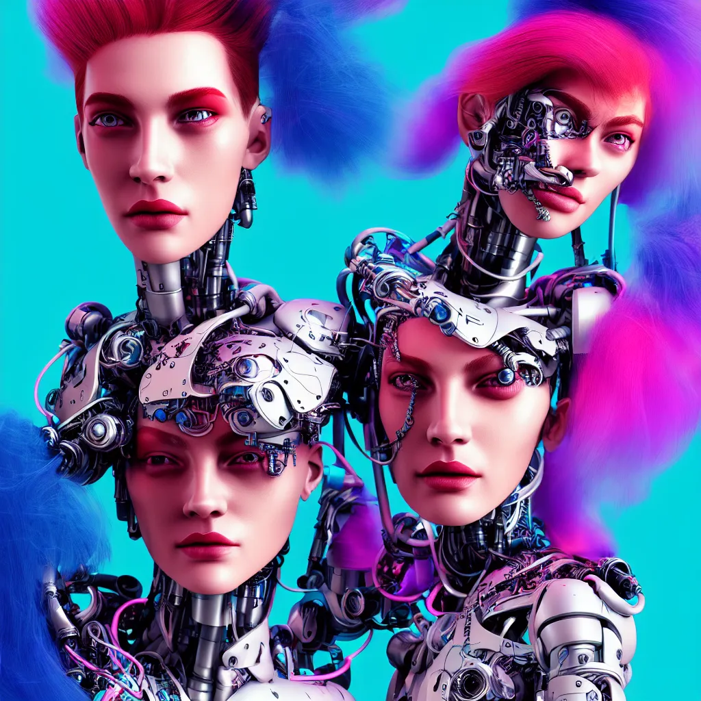 Prompt: portrait of a post modern cyborg fashion model with an exuberant hair style, colorful, octane render, vray, detailed, halftoned, editorial illustration, matte print, grainy light, ( ( dither ) ), risograph, high contrast, screen print