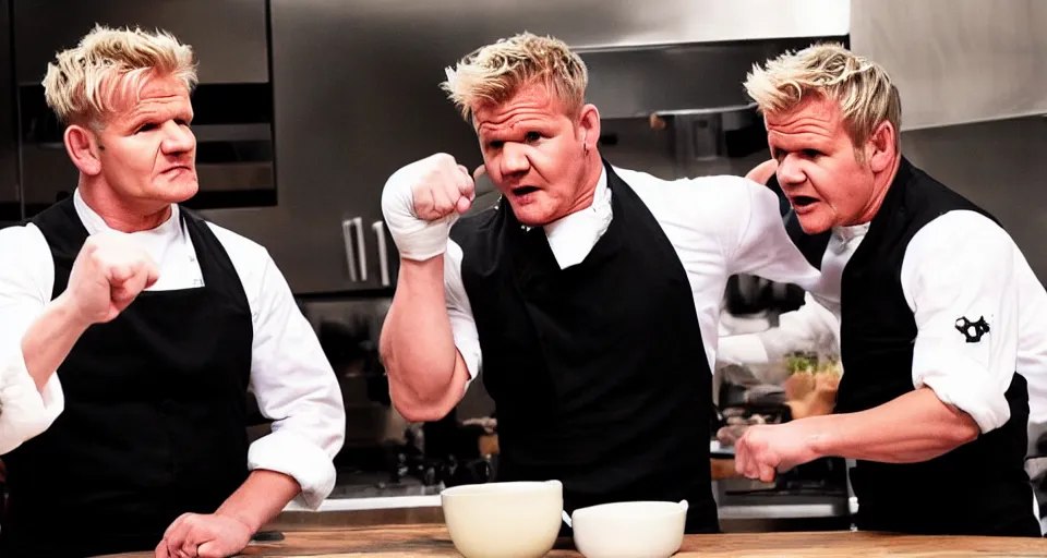 Image similar to photo of angry furious Gordon Ramsay punching Gordon Ramsay at the kitchen