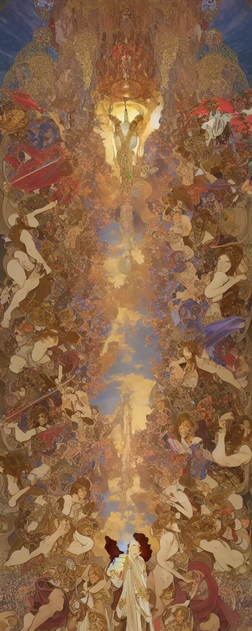 Image similar to 3 d rendered scene of the battle of angels and demons at the entrance to the fractal palace of cosmos painting of alphonse maria mucha made in unreal engine hyper realistic