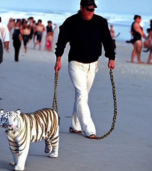 Image similar to celebrity walking his pet white tiger on a chain down Venice beach, muscle beach in 1998