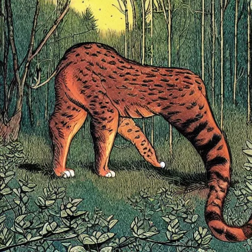 Prompt: ”big cat in beautiful forest, moebius style”