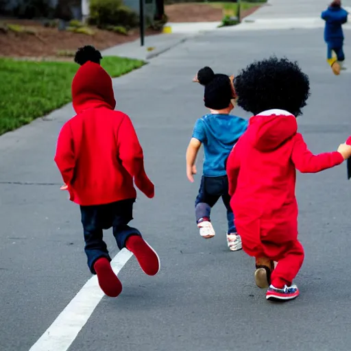 Prompt: A photo of three preschool aged kids happily running down the sidewalk, one is a black boy with a red cape, the other is a black girl with her hair up in afro puffs, the other is a white boy in a beanie with a jacket