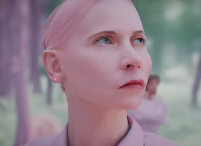 Image similar to cinematic mid shot of a high detail, refined woman's face looking off camera. fine facial features. she stands in an empty, pastel colourful 3 d, forrest scene, shallow depth of field, at the scene of a crime, by jeffrey smart and gregory crewdson and edward hopper, inspired by the grand budapest hotel