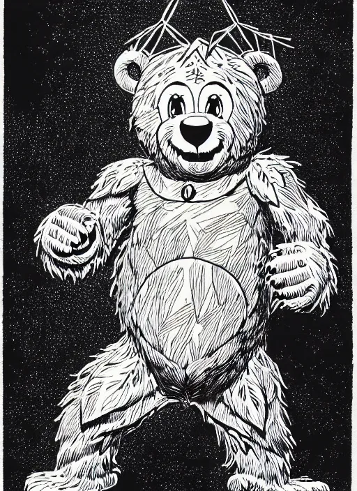 Image similar to a care bear as a d & d monster, on square background, pen - and - ink illustration, etching, by russ nicholson, david a trampier, larry elmore, 1 9 8 1, hq scan, intricate details, high contrast