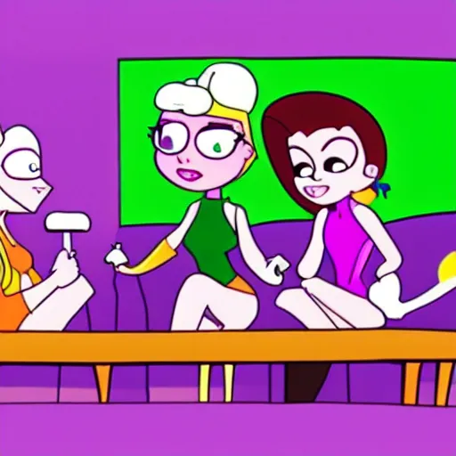 Prompt: animation of grownup The Powerpuff Girls smoking weed in a purple room