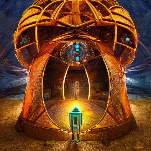 Image similar to symmetry!! a dogon priest opening a steampunk neon portal in the lost realm, with a single glowing hut in the void, by machina infinitum and android jones, surreal psychedelic portrait style, dim lit, rim light, intricate and detailed environment, radiant lighting