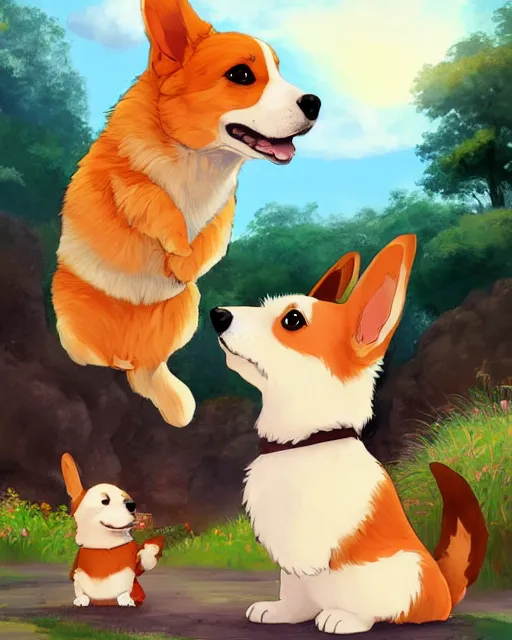 Prompt: illustration of a corgi and a maltipoo playing together by disney and studio ghibli, studio ghibli color scheme, cgsociety, artstation, sharp focus, digital painting