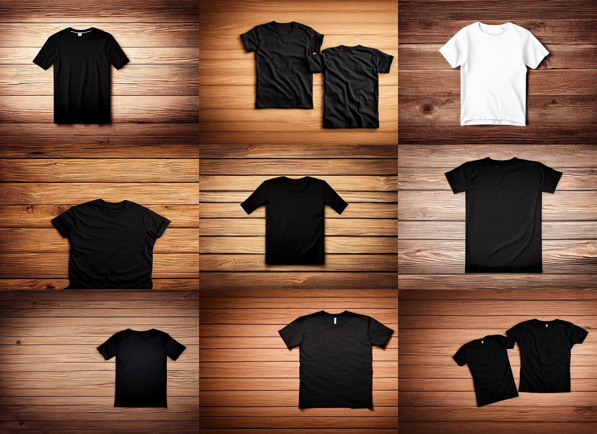 Prompt: clear photorealistic mockup product photograph of a blank black tshirt on a wooden background surrounded by various lifestyle props