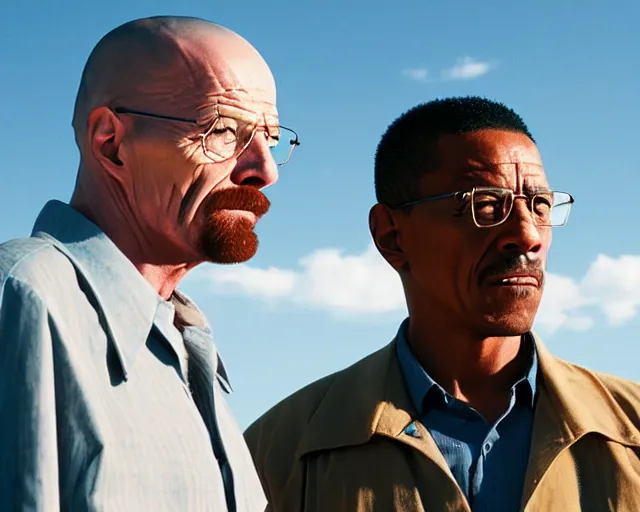 Prompt: a long shot of walter white and gustavo fring stand facing each other from a distance in a wheat field, side view, 3 5 mm photograph, 8 k resolution, wide shot, sharp lens