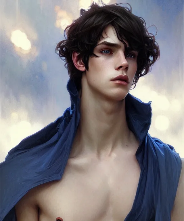 Image similar to Fae teenage boy, portrait, face, messy shoulder-length dark hair, blue eyes, fantasy, intricate, elegant, highly detailed, digital painting, artstation, concept art, smooth, sharp focus, illustration, art by artgerm and greg rutkowski and alphonse mucha