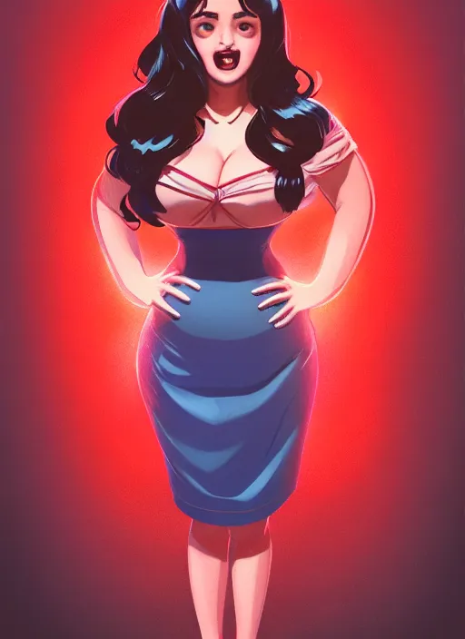 Image similar to full body portrait of teenage veronica lodge, obese, bangs, sultry, realistic, sultry smirk, wavy hair, red skirt, fat, belly, intricate, elegant, glowing lights, highly detailed, digital painting, artstation, concept art, smooth, sharp focus, illustration, art by wlop, mars ravelo and greg rutkowski