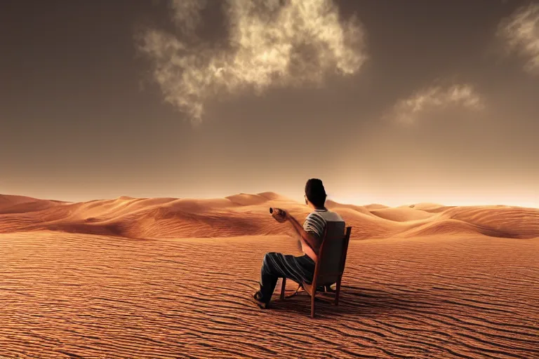 Image similar to a man is sitting on the chair in the desert and his arms and legs are melting, surreal, 4k, ultra details, cinematic, epic style, beautiful photo, hyper realistic, octane render, unreal engine, award winning, on artstation, volumetric lightning, masterpiece, golden hour,