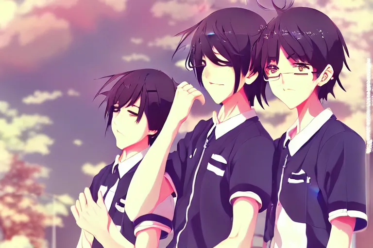 Prompt: boy's love anime high school scene spring setting, high detail concept art, perfect proportions good looking, realistic shaded lighting poster loish, katsuhiro, makoto shinkai and clamp style, trending on art station, best selling artist pixiv