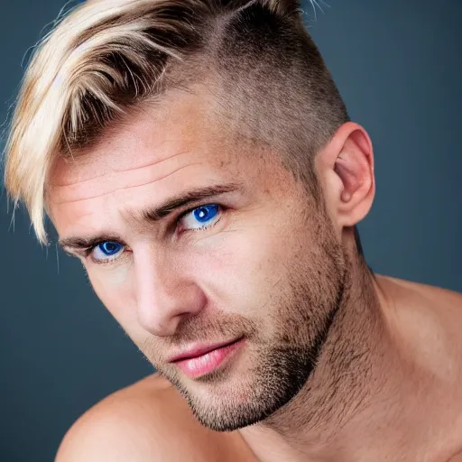 Image similar to close up of face of good looking 4 0 year old slavic blond man with blond stubble, very short wavy blond hair in a short pompadour style, pale skin, very dark blue eyes, hairy shoulders, hairy chest, portrait, 4 k