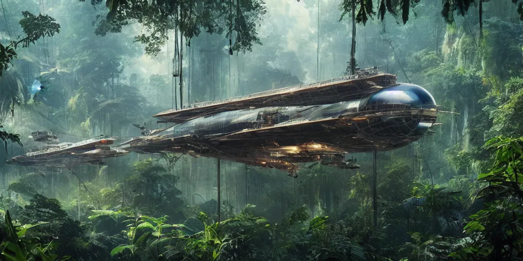 Image similar to avatar airship cyberpunk in the jungle, people repairing ship, industrial maintenance shuttle vehicle vast botanical gardens, forest, jungle, fps, cinematography, photo, photography, 4 k, by greg rutkowski, roger deakins