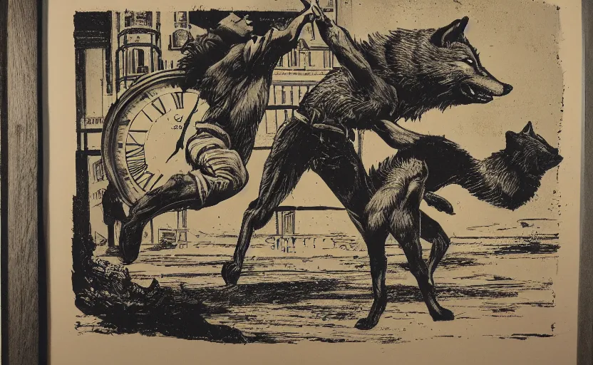 Prompt: a boy fighting a wolf on the edge of a clocktower, screen print