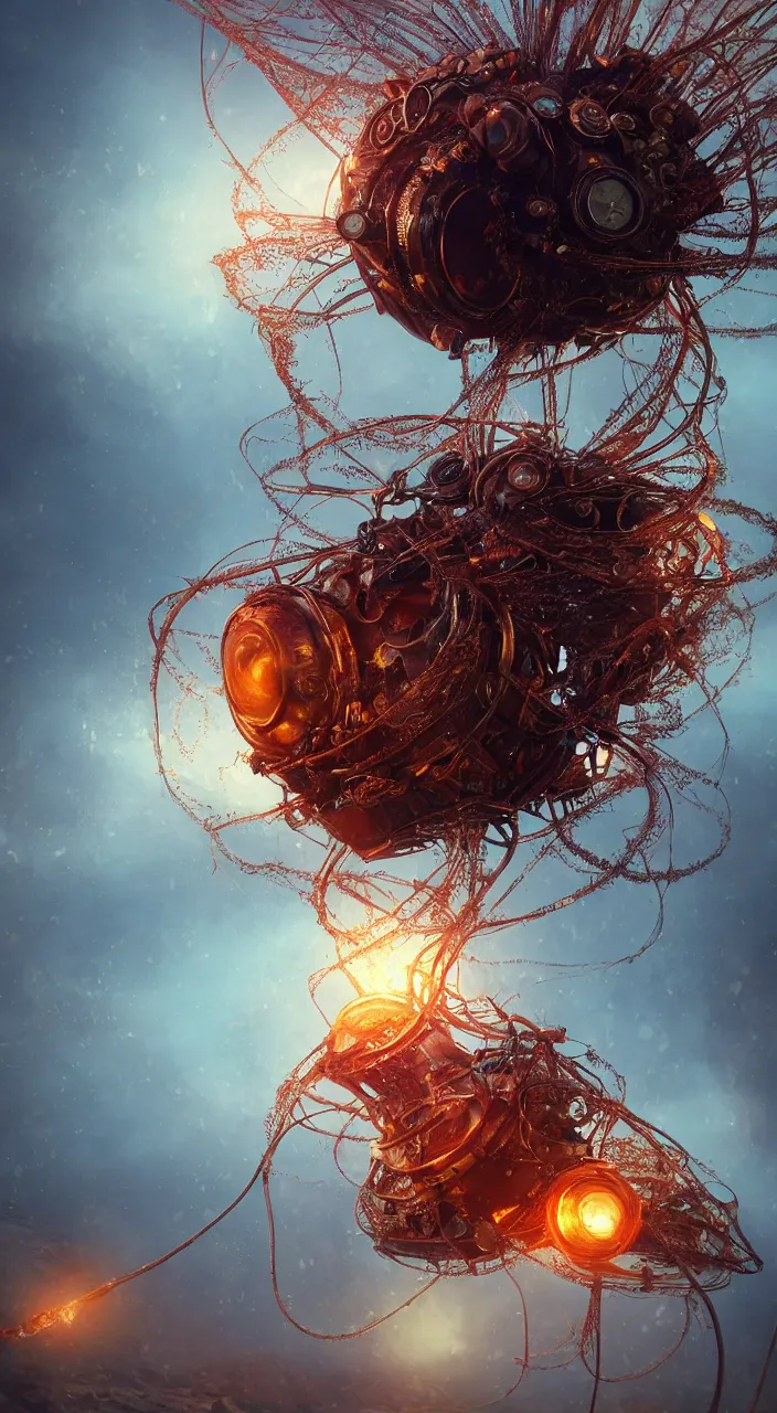 Prompt: steampunk man o war jellyfish, james gurney, thomas kinkade, cinematic lighting, artstation, vibrant nature, tuomas korpi, tekkon kinreet, volumetric light, artstation,, octane render, redshift render, low angle camera, rich deep moody colors