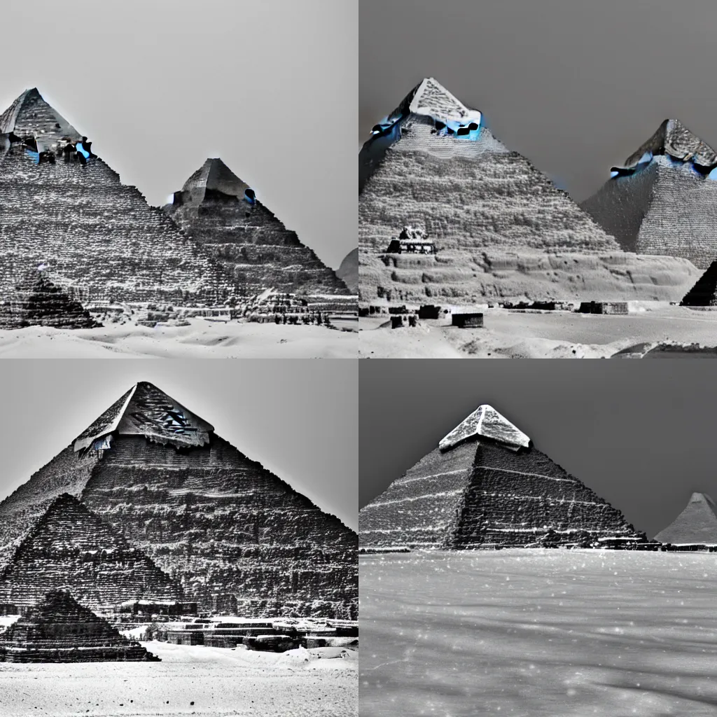 Prompt: the pyramids of giza in a blizzard