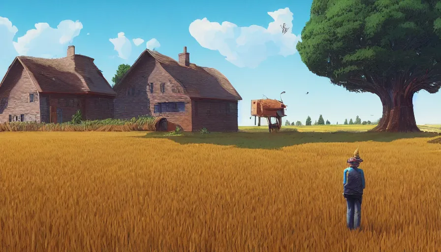 Image similar to gigantic cat next to the small house, wheat field harvesting, big tree, person, matte painting, art station, blue sky, simon stalenhag