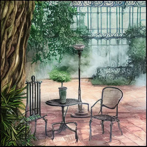 Prompt: delicate smoke, chairs, garden, paved, botanic watercolors, iridescent, 8 k, realistic shaded, fine details, artstation, italian, iron gate, tree, mediterranean, marvelous