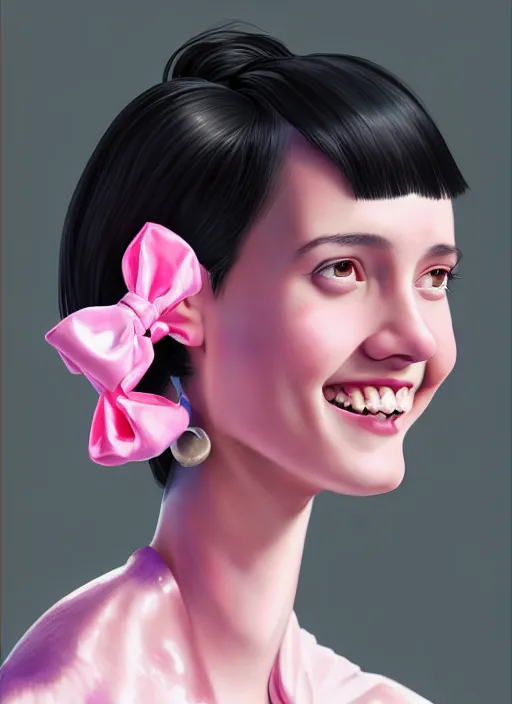 Image similar to portrait of high school girl, realistic, black hair, bangs, half updo hairstyle, pointy nose, skinny, smile, ugly, defined jawline, big chin, pink hair bow, earrings, intricate, elegant, glowing lights, highly detailed, digital painting, artstation, sharp focus, illustration, art by wlop, mars ravelo and greg rutkowski