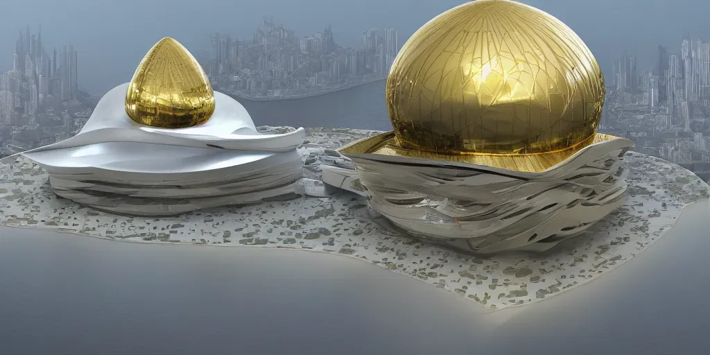 Prompt: mosque floating spaceship by zaha hadid, gold dome fantasy world