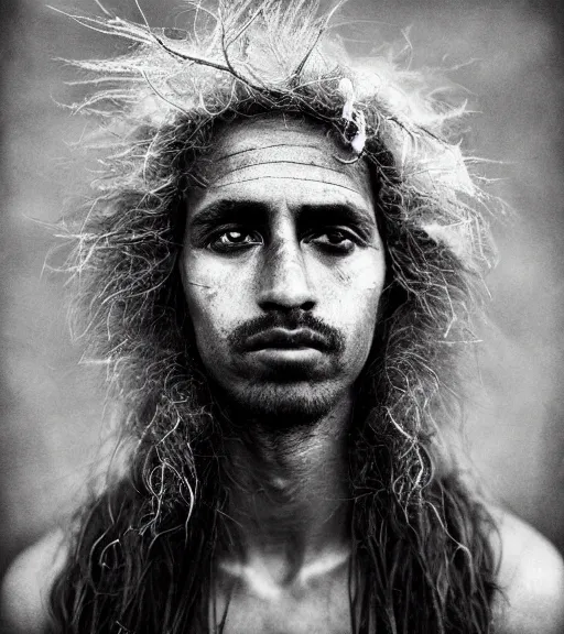 Image similar to Award winning reportage photo of Mauri Natives with incredible hair and beautiful hyper-detailed eyes wearing traditional garb by Lee Jeffries, 85mm ND 5, perfect lighting, gelatin silver process