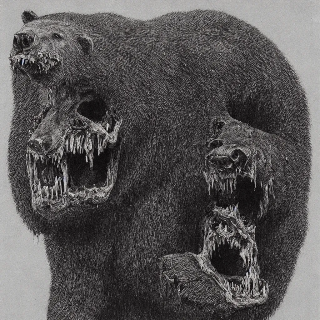 Image similar to horrifying bear, fangs, style of zdislaw beksinski