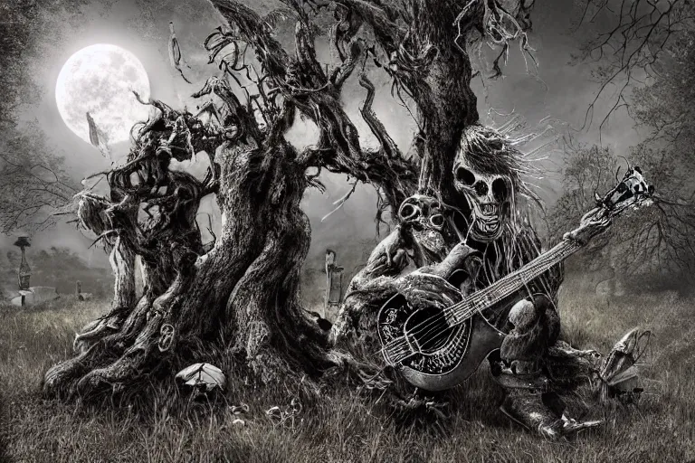 Prompt: corpse rockers play guitars in the cemetery, rock concert, dark night, full moon, crows on the oak tree, highly detailed digital art, photorealistic