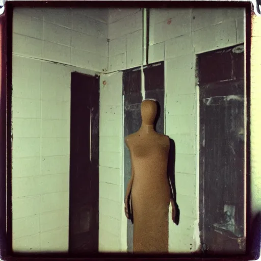 Image similar to a mannequin at the top of a dark stairwell, abandoned, creepy, eerie, scary, old polaroid, expired film, out or focus,