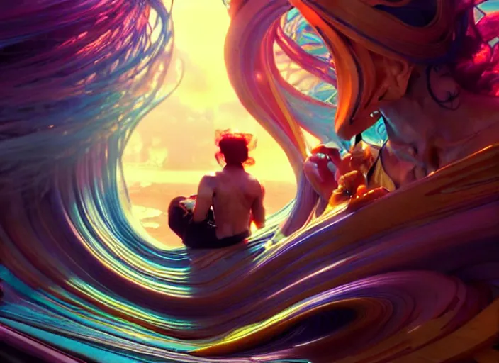 Image similar to a man in shock after he lost all his files, colorful swirly ripples, gaudy colors, aesthetic octane render, unreal engine, 8 k, art by artgerm, greg rutkowski, alphonse mucha