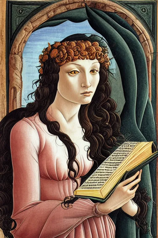 Image similar to botticelli illustration of romantic girl, her cat and her book of necronomicon, symmetrical, cinematic, sharp focus, 4 k, ultra hd, sense of awe, sinister demonic atmosphere, dreadful, forbidden knowledge, old gods, cthulhu, yog - sothoth! yah, yah, yah! cultist journal cover