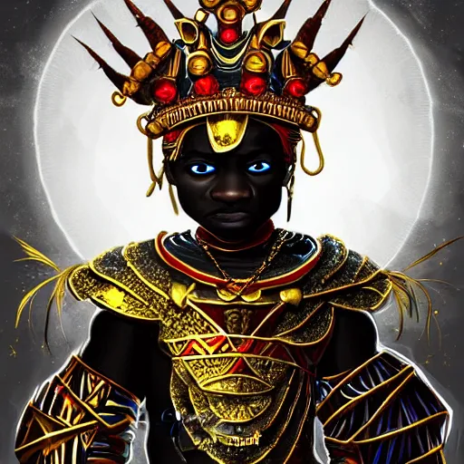 Image similar to a young black boy dressed like an african moorish warrior, with four arms, wearing gold armor and a crown with a ruby, posing with a very ornate glowing electric spear!!!!, for honor character digital illustration portrait design, by android jones in a psychedelic fantasy style, dramatic lighting, hero pose, wide angle dynamic portrait