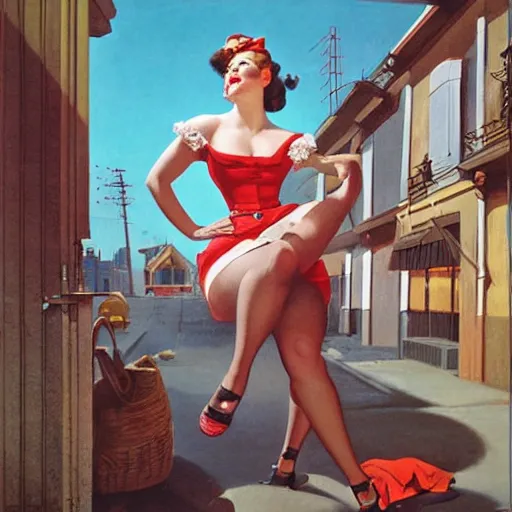 Prompt: woman, building, street by gil elvgren, olivia