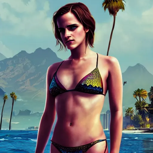 Image similar to highly detailed painting of emma watson wearing a bikini in los santos, gta 5 cover art, stephen bliss, 8 k, by greg rutkowski, artgerm, global illumination, radiant light, detailed and intricate environment