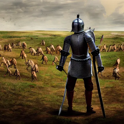 Prompt: art of a medieval knight from the back in full growth, in the middle of a lonely battleground where corpses lie another knights and horses, 4K, high detailed