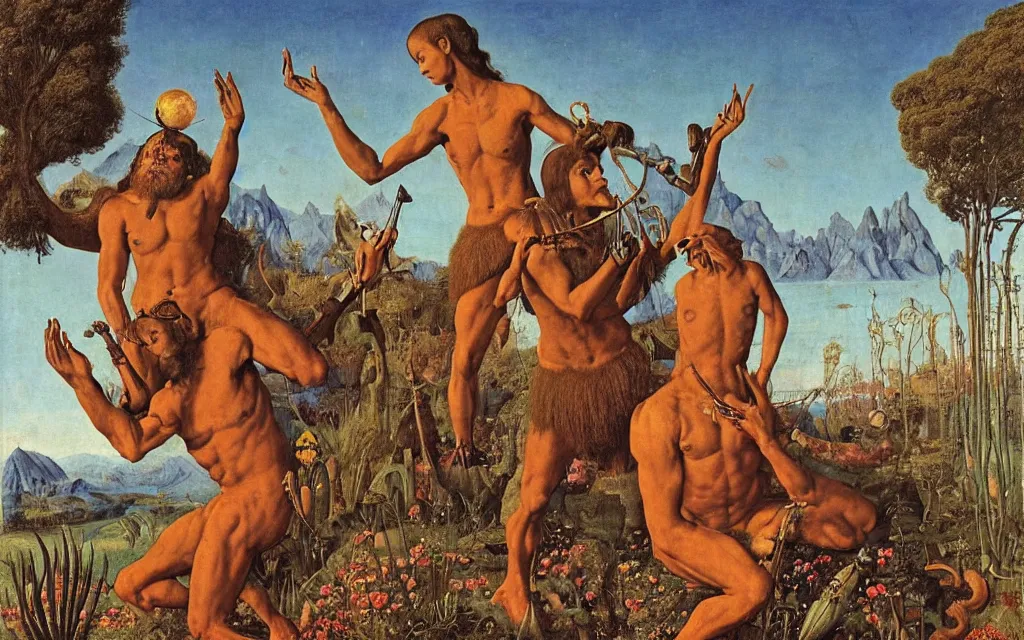 Image similar to a portrait photograph of a meditating satyr and a centaur monk riding a rocket machine and hunting at a river delta. surrounded by bulbous flowers and trees. mountain range under a blue sky of fiery stars. by jan van eyck, max ernst, ernst haeckel, ernst fuchs and artgerm, cgsociety, fashion editorial, 8 k