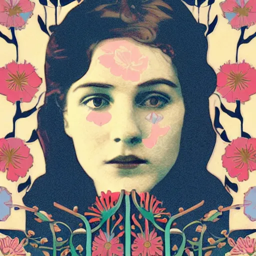 Prompt: a lot of flowers morphing in a beautiful girls face, film still by wes anderson, depicted by mackintosh, limited color palette, very intricate, art nouveau, highly detailed, lights by hopper, soft pastel colors, minimalist