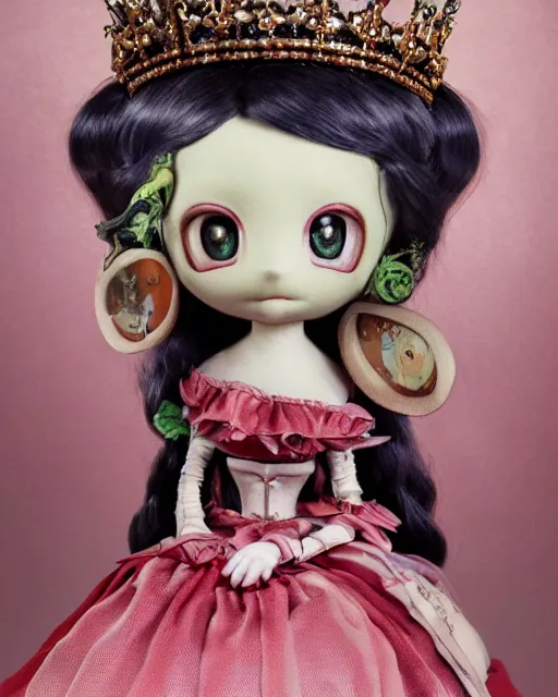 Image similar to highly detailed closeup, face profile portrait of a tin toy fumo plush anime goth fairytale princess wearing a crown and sitting on a throne, bikini, depth of field, nicoletta ceccoli, mark ryden, lostfish, dan decarlo, bob clampett, max fleischer, detailed and intricate environment, 8 k resolution, hyperrealistic, octane render
