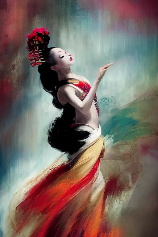 Prompt: magnificent full body geisha prima ballerina dancing in the wind, beautiful, ethereal, gorgeous, volumetric lighting, elegant, fluid, highly detailed oil painting, digital painting, concept art, smooth, sharp focus, illustration, strong lines and bold colors, limited color palette, atmosphere and tension, manga, ruan jia, steve mccurry