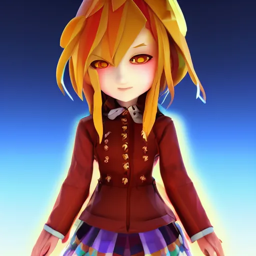 Prompt: ultra low poly modelling, smooth color gradients, isometric view, 1 6 bit colors, from touhou, a chibi girl, brown jacket with long sleeves, pigtails hair, volumetric lighting, fantasy, 4 k, intricate, hyper realistic, by blizzard, warcraft 3, backlit