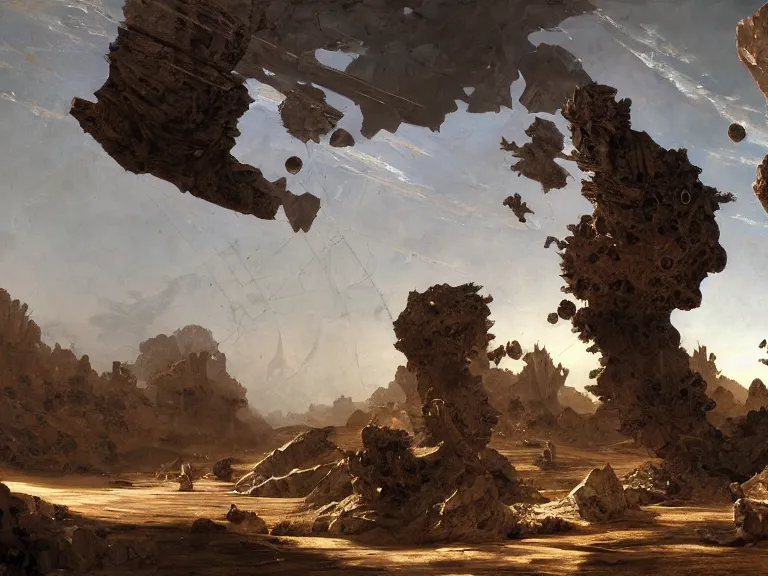 Prompt: an oil painting of a cracked plane on an alien planet and a large fractal cube by carl spitzweg and tuomas korpi. baroque elements, full-length view. baroque element. intricate artwork by caravaggio. Trending on artstation. 8k