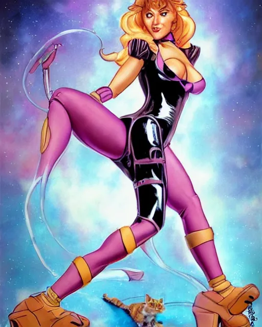 Image similar to barbarella as a robotic 8 0 s cat - girl, female, in the style of don bluth, j. scott campbell, hajime sorayama full color digital painting, leotard and leg warmers, many small details, artstation trending, artgerm, deviantart featured