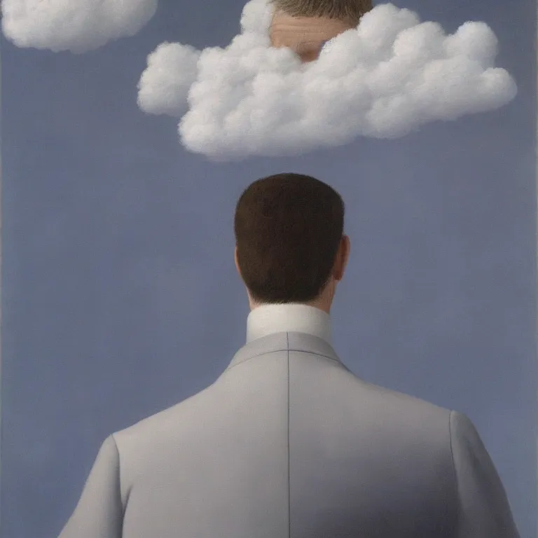 Prompt: portrait of a man made out of clouds in a suit, face hidden by clouds, by rene magritte, detailed painting, hd, hq, high resolution, high detail, 4 k, 8 k