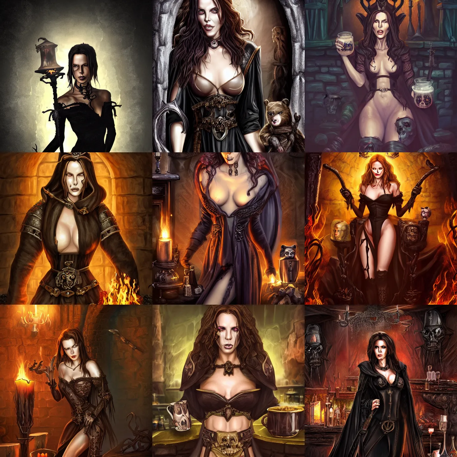 Prompt: evil necromant with face of kate beckinsale weared in black necromantic robe, with staff and scull on the top holding in hand, sit in fantasy tavern near fireplace, behind bar deck with bear mugs, medieval dnd, colorfull digital fantasy art, 4k