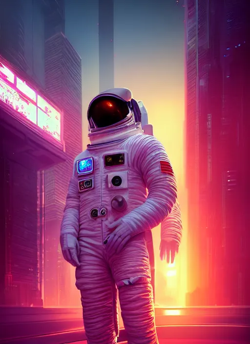 Prompt: An aesthetic Astronaut in a cyberpunk city during a sunset , extremely detailed digital painting, mystical colors, rim light, beautiful Lighting, 8k, stunning scene, raytracing