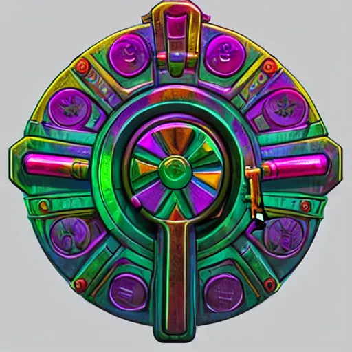 Image similar to a stylised old colorful metal key, key is on the center, rpg game inventory item, rim light, outer glow, on the white background, trending on artstation