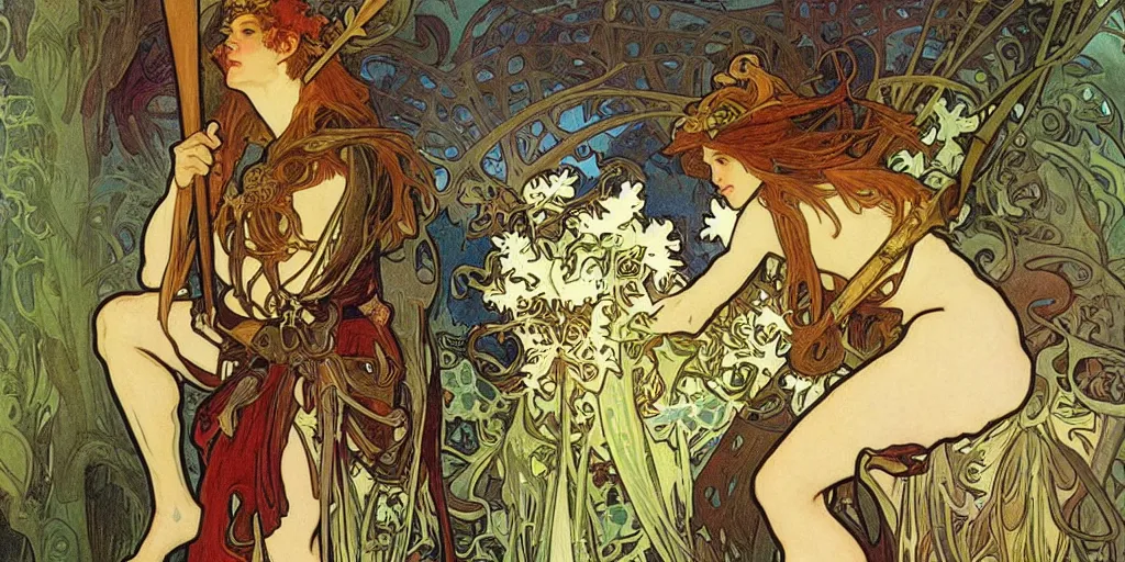 Image similar to An elf prince with a sword ,alphonse mucha