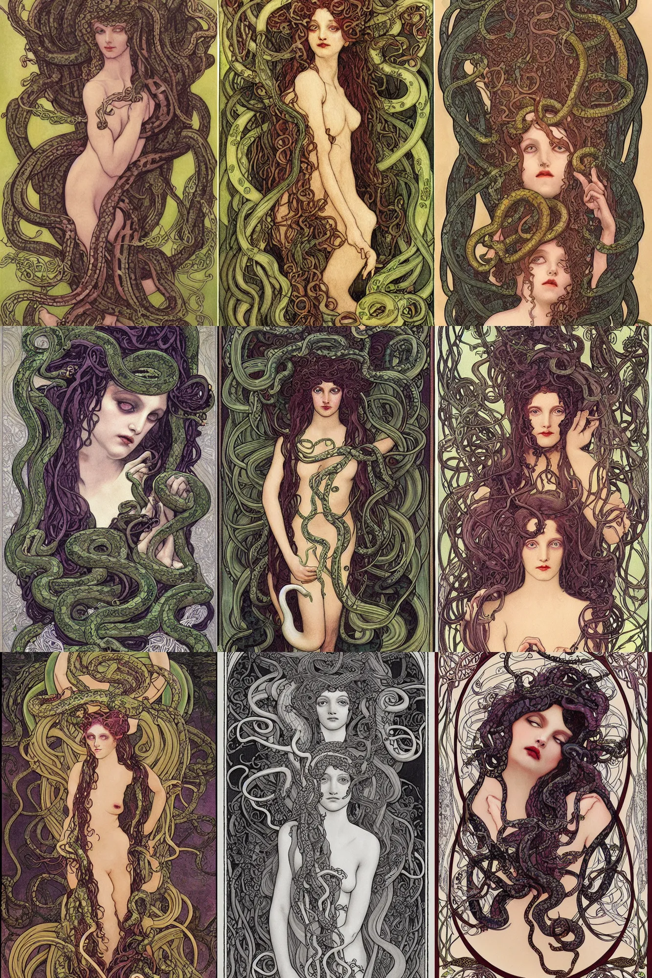 Prompt: scary Medusa with snakes for hair posing for an Alphone Mucha illustration painting Art Nouveau